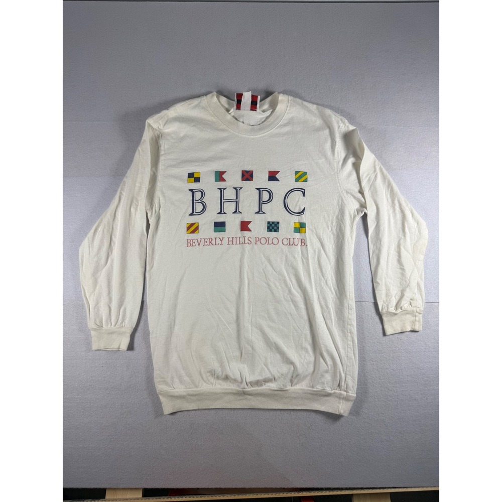 Vintage Beverly Hills Polo Club BHPC Long Sleeve Nautical Flag Shirt Off White L